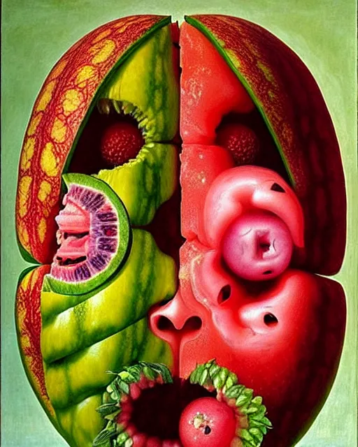 Image similar to interdimensional human watermelon face being made out of fruits, ethereal still life renaissance painting by giuseppe arcimboldo and alex grey