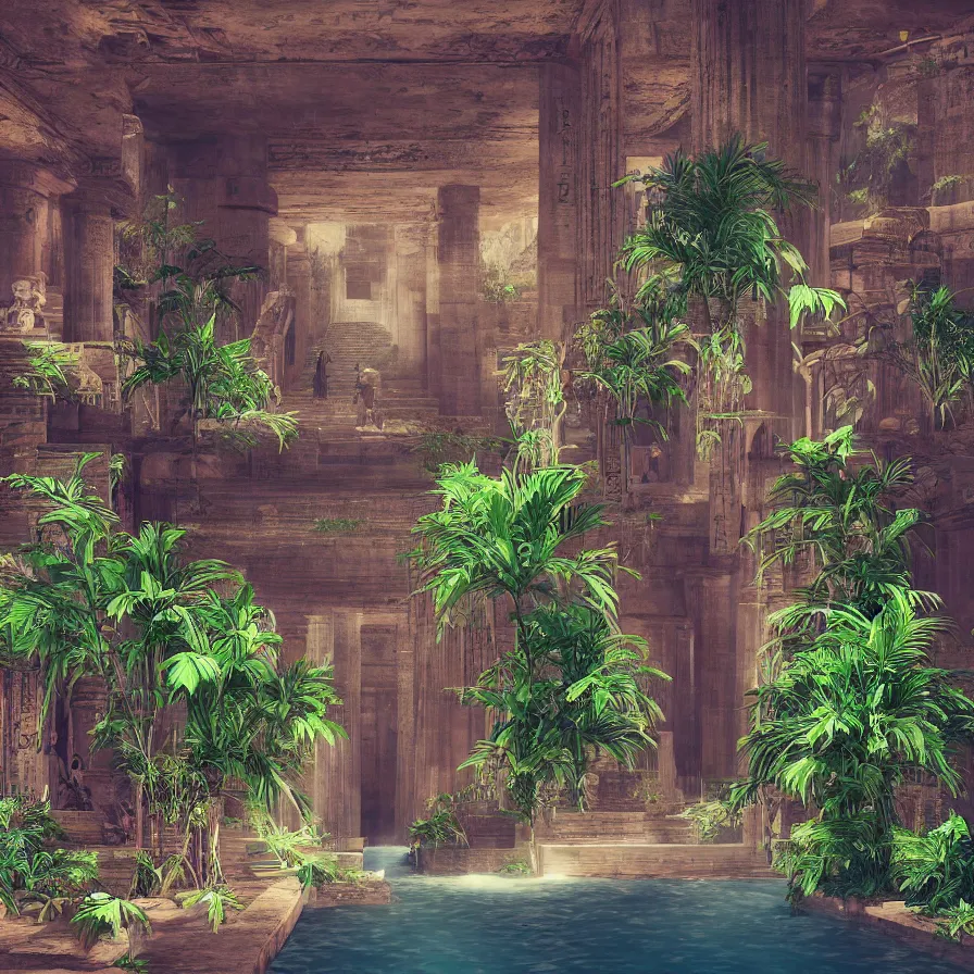 Image similar to interior of a ancient egyptian palace with plants and waterfalls, retrowave art, trending on art station