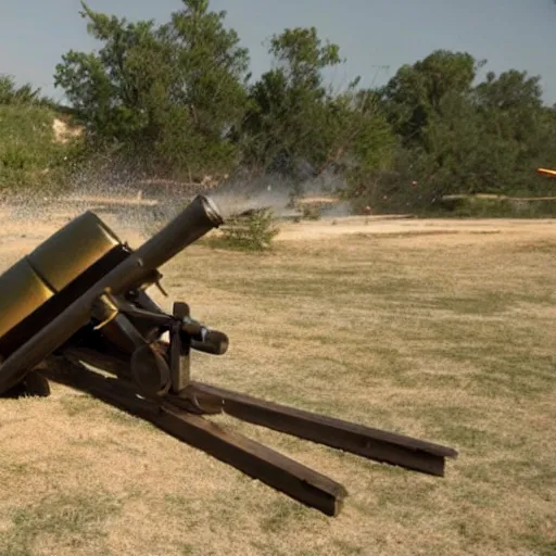 Prompt: a cannon shooting explosive shells streight up falling back onto itself