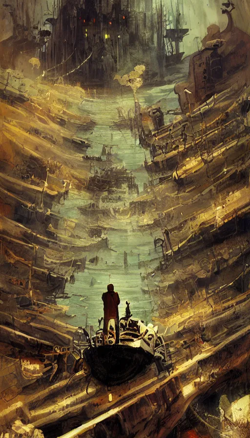 Image similar to man on boat crossing a body of water in hell with creatures in the water, sea of souls, by ian mcque