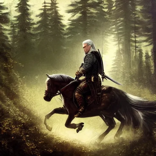 Image similar to geralt of rivia wearing riding a horse through a dark forest, highly detailed, oil painting