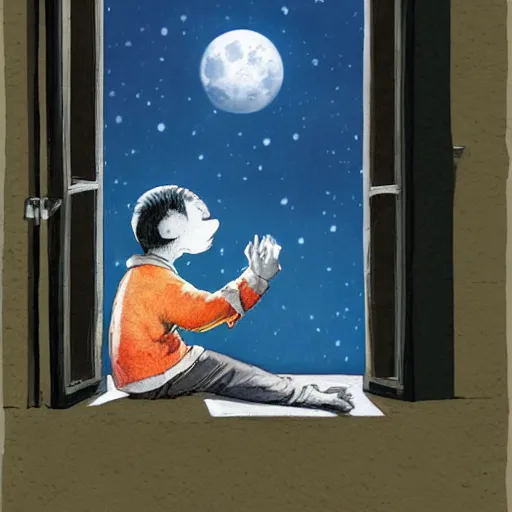 Prompt: A boy with his cat sitting in a window praying at the moon, concept art by Marc Simonetti and illustration by Maurice Sendak