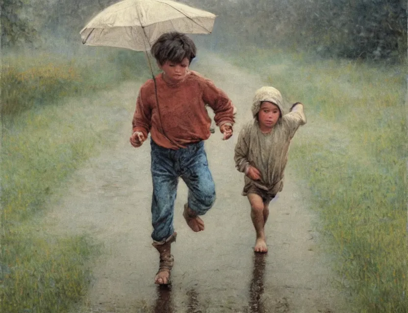 Image similar to peasant boy running under the rain, cottage core, cinematic focus, polaroid photo bleached vintage pastel colors high - key lighting, soft lights, foggy, by steve hanks, by lisa yuskavage, by serov valentin, by tarkovsky, 8 k render, detailed, oil on canvas