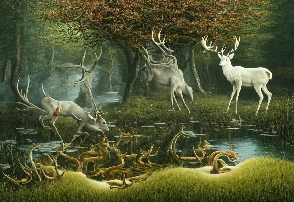 Image similar to hyper detailed 3d render like a Oil painting - white stag drinking from a silvery pool in a peaceful lush meadow, by Jacek Yerka, Mariusz Lewandowski, Houdini algorithmic generative render, Abstract brush strokes, Masterpiece, Edward Hopper and James Gilleard, Zdzislaw Beksinski, Mark Ryden, Wolfgang Lettl, hints of Yayoi Kasuma, octane render, 8k