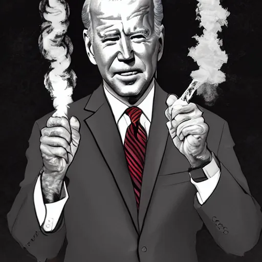 Prompt: joe biden smoking a rolled marijuana joint, amazing detail, digital art, artstation, only two hands, two arms, human