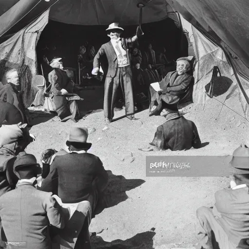 Prompt: English gentleman silent movie star performs monologue to archaeologist expedition audience at dig site in Egypt to distract them while his accomplishes sneak into expedition leader's tent. set in 1920s