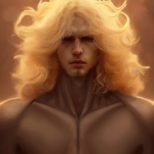 Image similar to digital art of a pale menacing male Cyborg Angel of Battle with fluffy blond curls of hair and piercing eyes, central composition, he commands the fiery power of resonance and wrath, very very long blond curly hair, baroque curls, by WLOP, Artstation, CGsociety