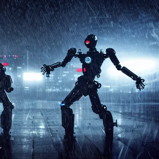 Image similar to cyberpunk robot warriors battling each other in heavy rain, ground fog, moody lighting, 8 k, lightning, shallow depth of field, cinematic lighting,