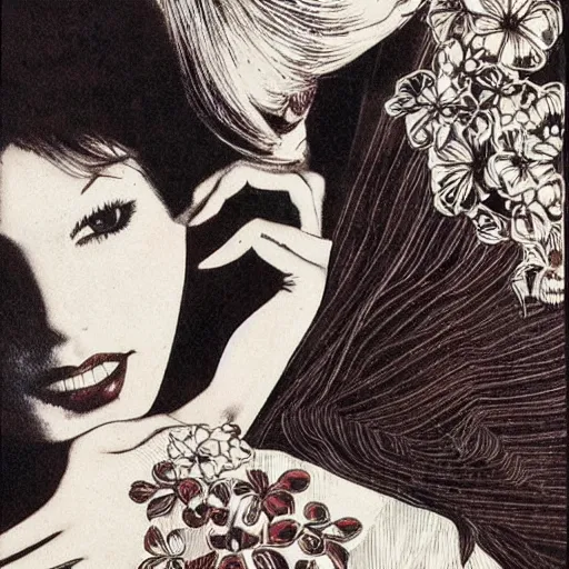 Image similar to 1 9 6 0 s drawingsymmetrical pretty elegant brigitte bardot as a vampire kissing alain delon, very detailed intricate intaglio, style of takato yamamoto, lots of flowers