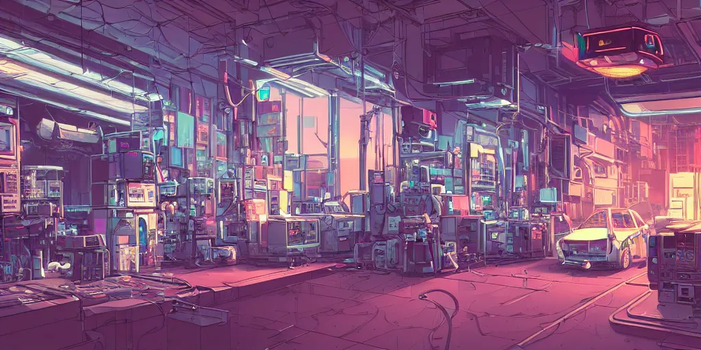 Image similar to detailed robot repair shop, broken robot on ground, insane perspective, broken parts, androids, science-fiction, cyberpunk, neon lights, mist, cables, computer screens, huge computers, girl working, windows, epic scene, 8k, illustration, art by ghibli moebius, comics art