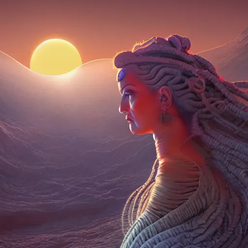 Image similar to goddess inanna on mars with cables for hair, extremely detailed painting, in the style Fenghua Zhong, mystical colors, sunset lighting, 8k, stunning scene, raytracing, octane, trending on artstation