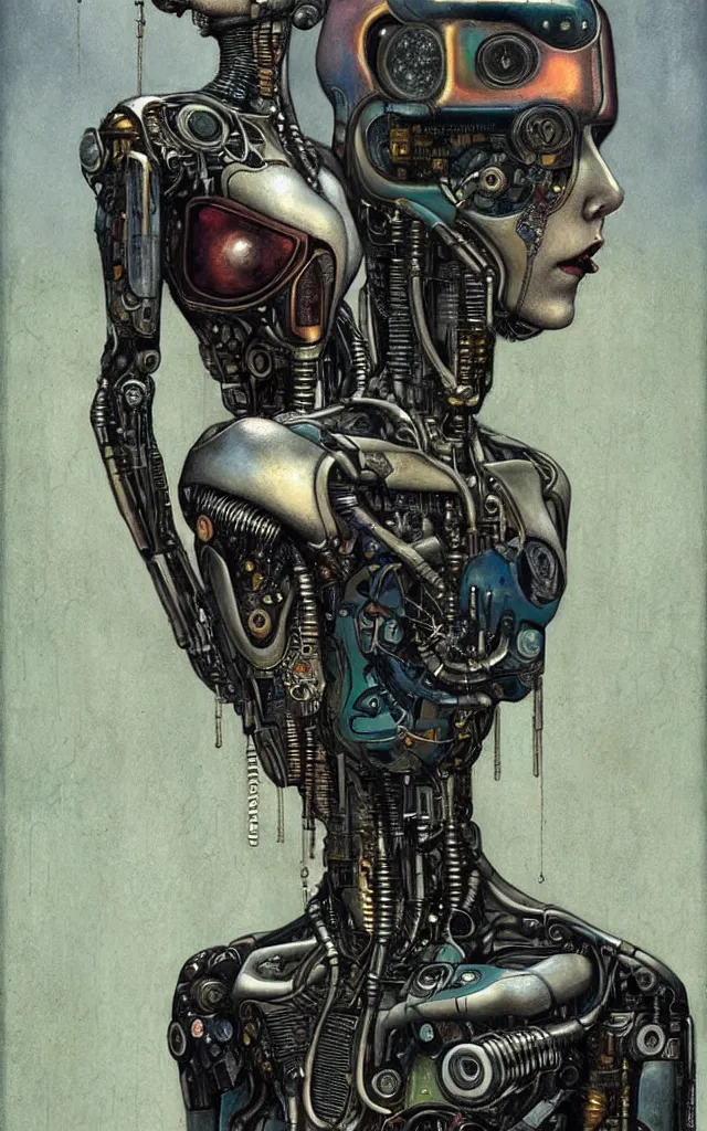 Image similar to futurist cyborg maiden, perfect future, award winning art by santiago caruso, iridescent color palette