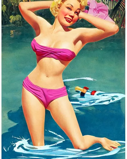 Image similar to tuesday weld swimming in a pink bikini, tuesday weld half immersed in water in a palm springs midcentury swimming pool by gil elvgren, by mort kunstler, by robert maguire