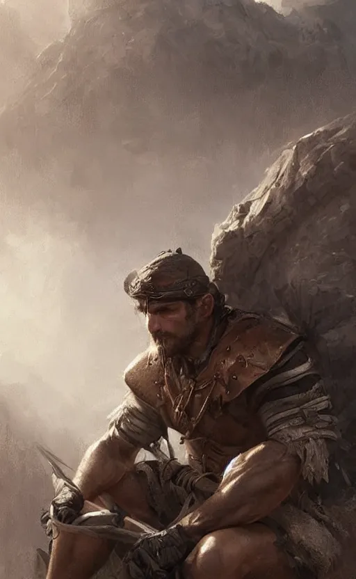 Image similar to Portrait of a rugged ranger sitting down, male, muscular, straight nose!!!, detailed face, thighs!!!, simple clothing!!!!!, fantasy, medieval, highly detailed, cinematic lighting, digital art painting by greg rutkowski