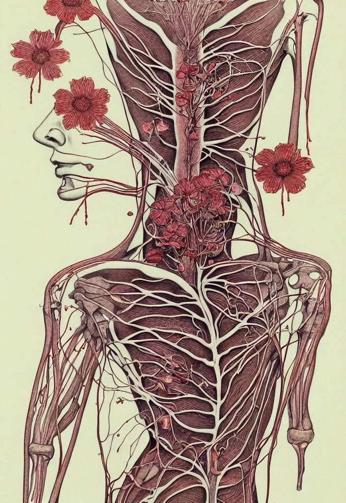 Image similar to prompt: anatomy dissection drawing veins and leaf blood system human shaped flower character drawn by Takato Yamamoto, petals and flower head, flower anatomy atlas, veins and organs attached to flower head, alchemical objects inspired by 1980's sci-ci, old experimentation cabinet, intricate oil painting detail, manga 1980