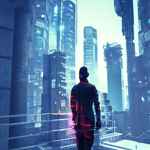 Image similar to cyberpunk hacker in front of bangkok by kashin, wadim