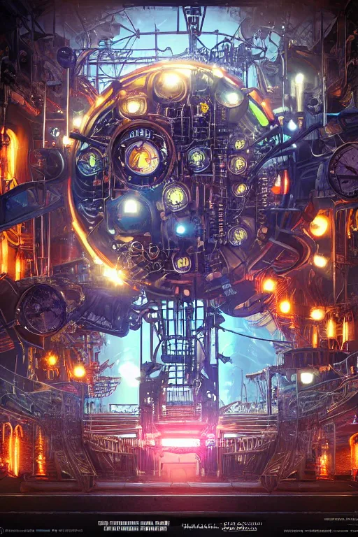 Prompt: mockup of a movie poster, movie title tripmachine, photo of a huge futuristic steampunk generator inside a steampunk machinery, 8 k, fluorescent colors, halluzinogenic, multicolored, exaggerated detailed, 3 d render, octane