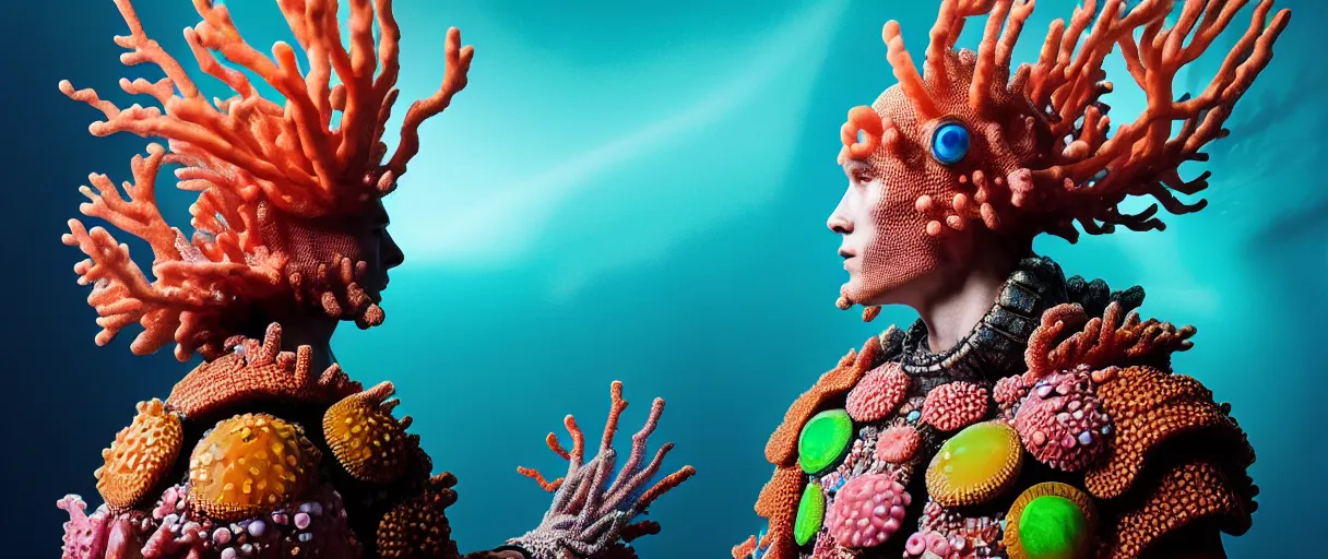 Image similar to hyperrealist highly detailed english medieval portrait of high fashion monster wearing reef armor, radiating atomic neon corals, concept art pascal blanche dramatic studio lighting 8k wide angle shallow depth of field