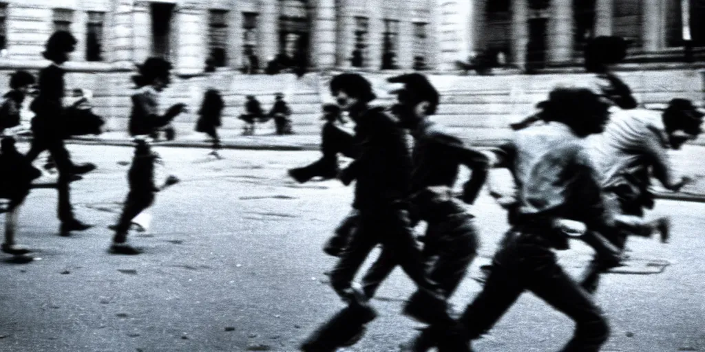 Image similar to street photography, revolution, street, city, blurred people running from tanks, closeup, film photography, 1 9 8 0 s, exposed b & w photography, robert capa photography, henri cartier - bresson photography