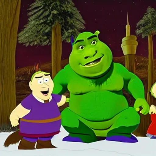 Prompt: film still of Shrek in South Park