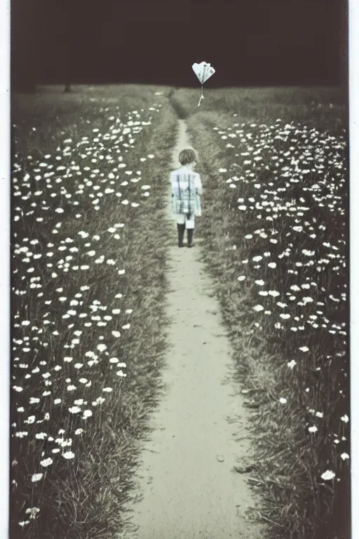 Prompt: photo polaroid of sad and lonely childin the middle of a country road holding the thread of a kite many flowers in the fields , loneliness, black and white ,photorealistic, 35mm film,