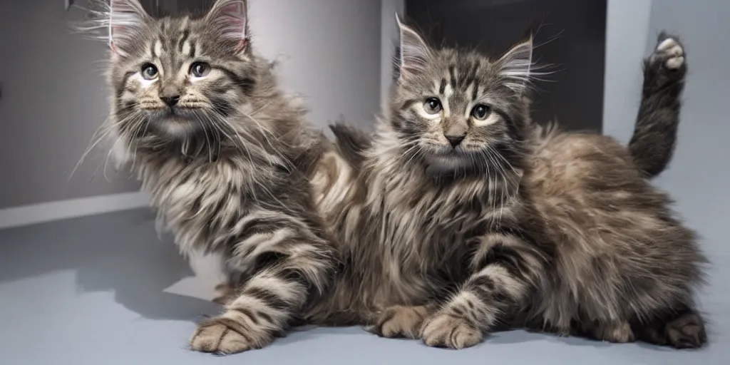 Image similar to a 3 d rendered movie still a of maine coon robotic kitten has become a cat scanner. cyberpunk cat tree. science fiction blockbuster movie from the future, imax 7 0 mm. style of mandalorian ( american space western television series )