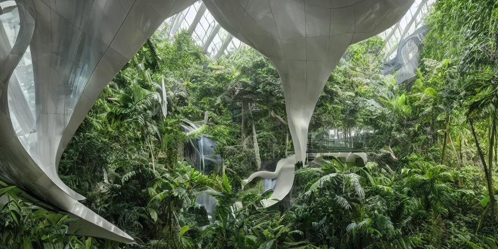 Prompt: lush tropical rainforest with waterfall, interior of bright atrium with lots of natural light, parametric biophilic architecture, atmospheric, zaha hadid and frank gehry inspired, octane 8 k,