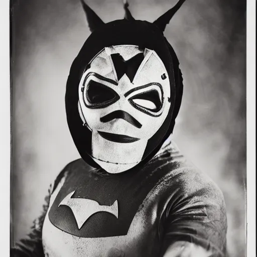 Prompt: tintype photographs of superheroes, masked wrestlers, monster hunters, technowizards