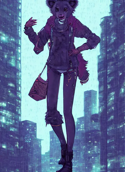 Prompt: character portrait of a female anthro hyena fursona with a cute beautiful attractive furry face and long black curly hair wearing stylish clothes in a cyberpunk city at night while it rains. hidari, color page, tankoban, 4K, tone mapping, Akihiko Yoshida.