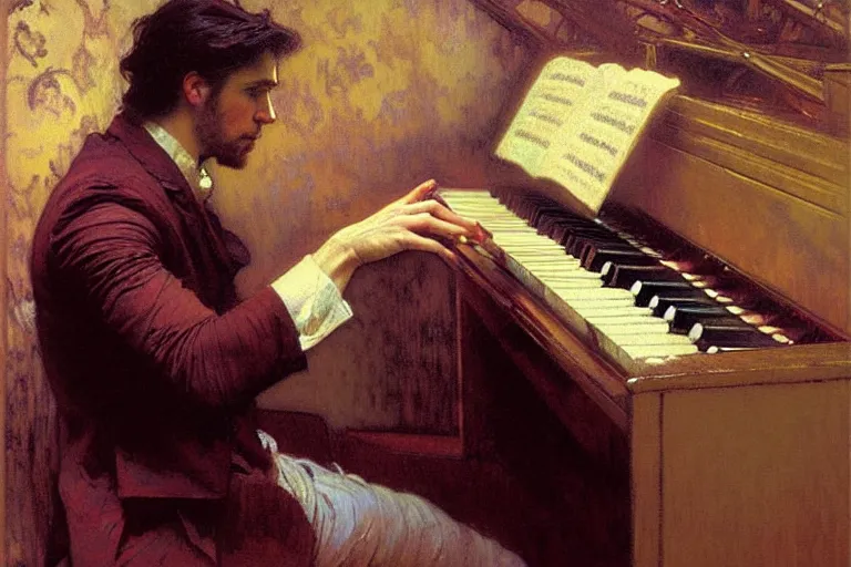 Image similar to attractive man, playing piano, painting by gaston bussiere, craig mullins, greg rutkowski, alphonse mucha