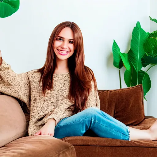 Image similar to a cute young woman smiling, long shiny bronze brown hair, full round face, green eyes, medium skin tone, light cute freckles, smiling softly, wearing casual clothing, relaxing on a modern couch, interior lighting, cozy living room background, medium shot, mid-shot, soft focus