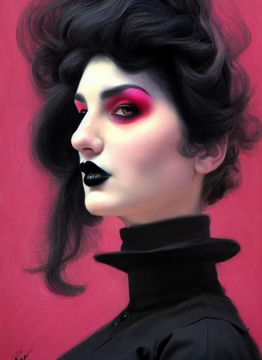 Image similar to portrait of a plump isreali woman with a crooked nose and a confident expression, 1 9 6 0 s, black clothes, goth, punk, brightly coloured hair, funk, intricate, elegant, highly detailed, digital painting, artstation, concept art, smooth, sharp focus, illustration, art by wlop, mars ravelo and greg rutkowski