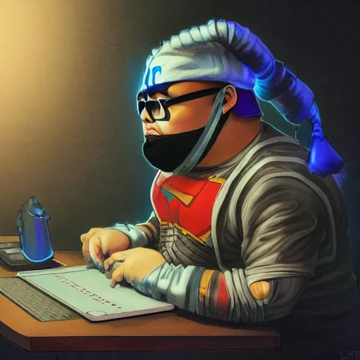 Image similar to an insanely detailed painting of a chubby nerdy asian man wearing a homemade superhero costume and mask, sitting at a computer desk typing on the keyboard, in the style of peter mohrbacher, dramatic lighting and composition, trending on artstation, concept art, comic book, graphic novel, back view