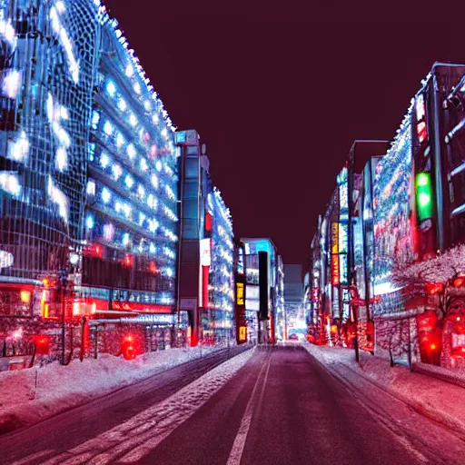 Image similar to illustration of tokyo with many lights and lens flares, snowy winter christmas night