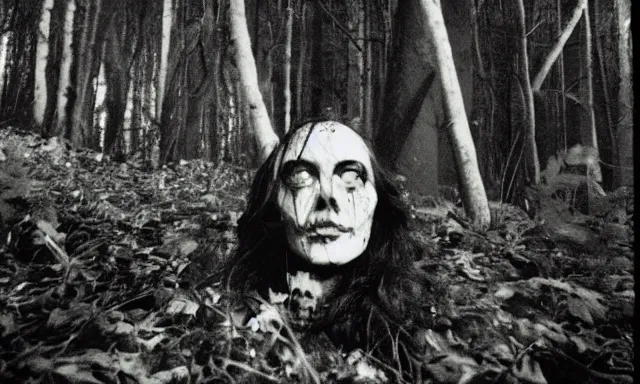 Prompt: corpse face looking at camera in forest at night, 70s photo, out of focus, motion blur, cctv footage, horror movie, horror lighting, blair witch project, old photo