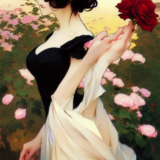 Image similar to beautiful rose anime girl in elegent black dress, krenz cushart, mucha, ghibli, by joaquin sorolla rhads leyendecker, by ohara koson