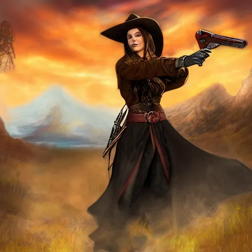 Image similar to Fantasy digital art for magic the gathering card, action shot of a wild west witch with a revolver firing out a red magical spell. Background has wild west scenery behind her at night.