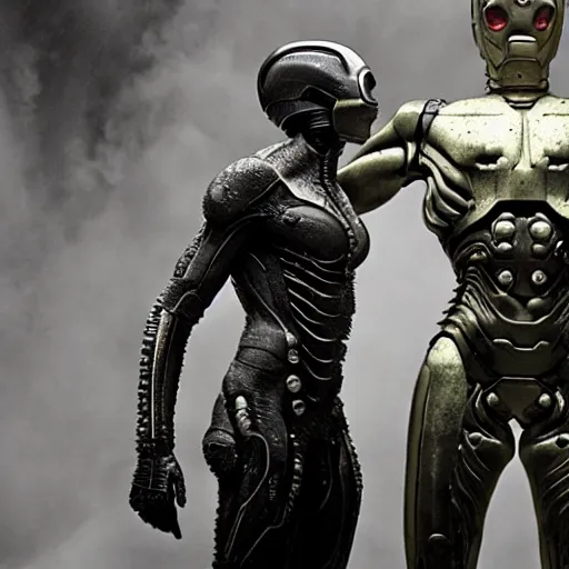 Image similar to prometheus movie still frame by giger, marble bismuth and alabaster cyclop ironman