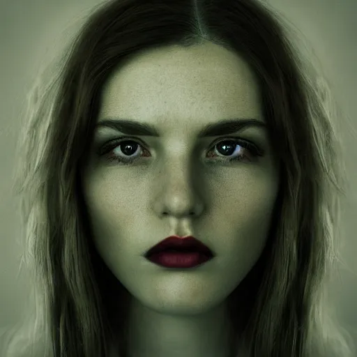 Image similar to a portrait photograph of a female by Alessio Albi, beautiful full face, symmetrical face, artstation, deviantart, hyperrealism, green eyes, long red hair,a small nose