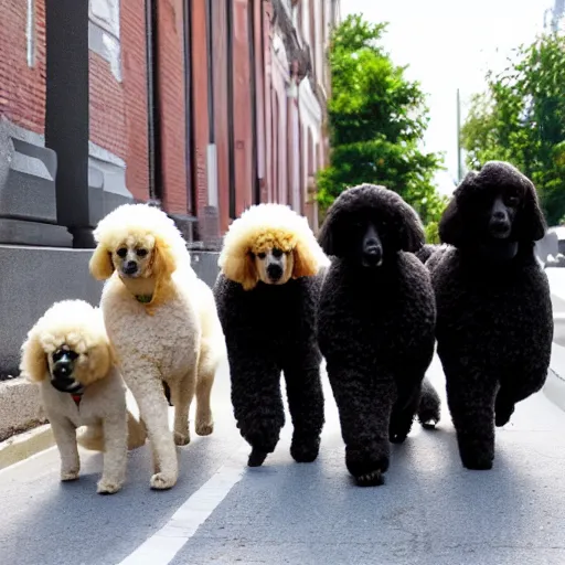 Prompt: a gang of poodles terrorizing the city