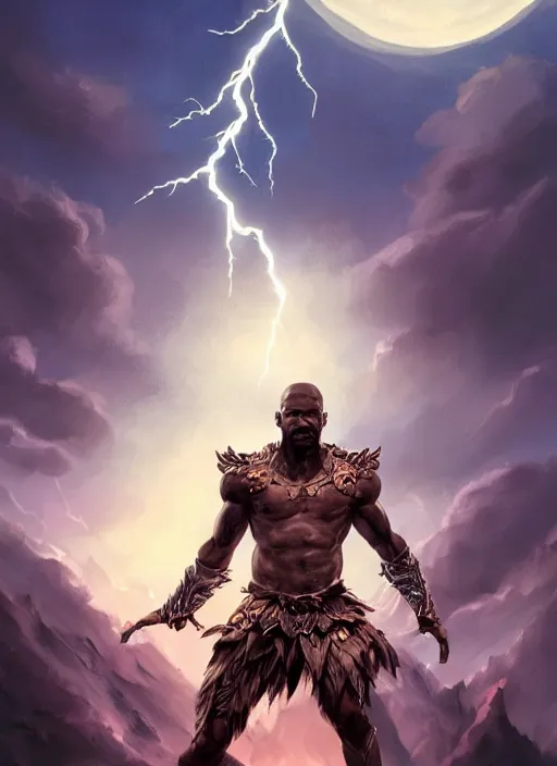 Prompt: a highly detailed illustration of Jamie Foxx as a bearded short fade hair african warrior god of lightning, evil summoning lightning from hands pose, moonlit clouds background, muscular, intricate, elegant, highly detailed, centered, digital painting, artstation, concept art, smooth, sharp focus, league of legends concept art, WLOP