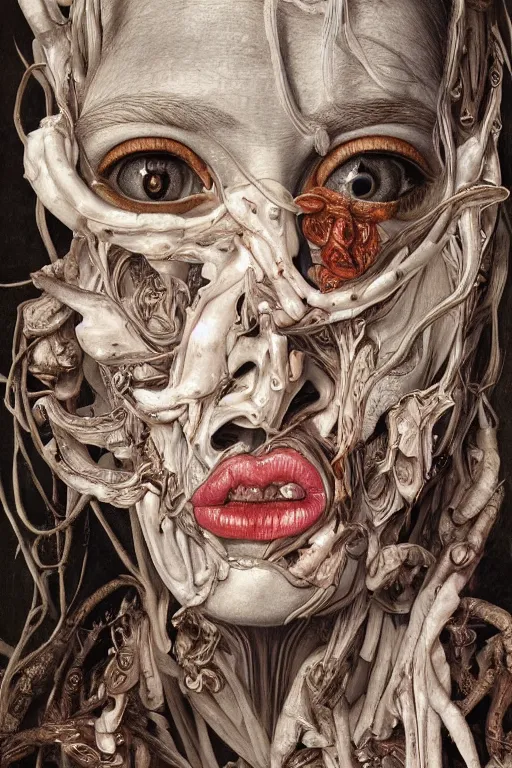 Image similar to Detailed maximalist portrait of a greek god with large lips and eyes, scared expression, botanical skeletal with extra flesh, HD mixed media, 3D collage, highly detailed and intricate, surreal illustration in the style of Jenny Saville, dark art, baroque, centred in image