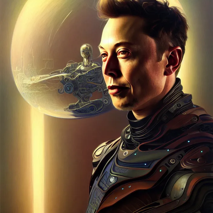 Image similar to portrait of Elon Musk organic cyborg, diffuse lighting, fantasy, intricate, elegant, highly detailed, lifelike, photorealistic, digital painting, artstation, illustration, concept art, smooth, sharp focus, art by John Collier and Albert Aublet and Krenz Cushart and Artem Demura and Alphonse Mucha