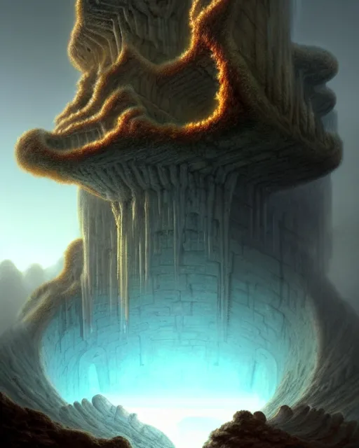 Image similar to a hyper - detailed 3 d render of the ancient hidden city of cloud caves, surrealism!!!!! surreal concept art, lifelike, photorealistic, digital painting, aesthetic, smooth, sharp focus, artstation hd, by greg rutkowski, bruce pennington, valentina remenar and asher duran,