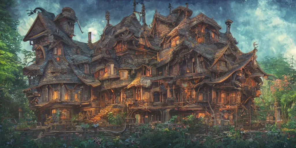 Prompt: a house with mechanical legs, Baba Yaga, cinematic angle, studio Ghibli, volumetric lighting, bold, beautiful composition, intricate, elegant, digital art, detailed oil painting, hyperrealistic, sharp focus, 8k