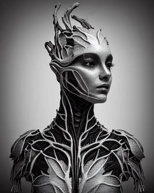 Image similar to bw close - up profile face, black background, beautiful porcelain vegetal dragon cyborg young female, 1 5 0 mm, beautiful natural soft rim light, silver gold details, magnolia leaves and stems, roots, fine lace, mandelbot fractal, elegant, ultra detailed, white metallic armour, octane render, h. r. giger style