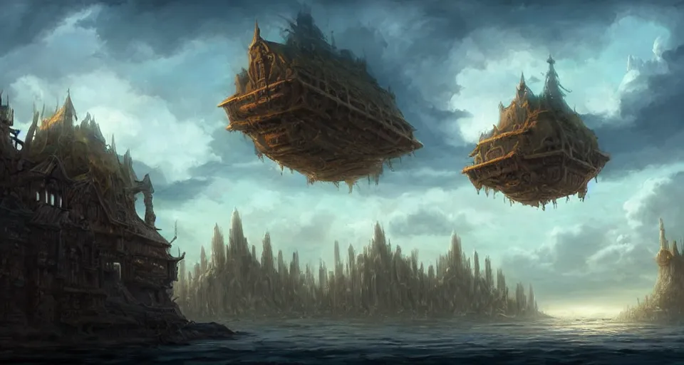 Image similar to low fantasy, landscape an ancient floating city in the sky and an sky - ship flying towards it andreas rocha