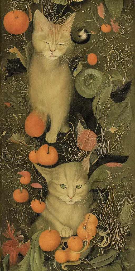 Prompt: portrait of a cat dissolving in a field of foliage, botanicals, fruit and feathers, highly detailed, fantasy art, in the style of hieronymous bosch, cartoonish, whimsical