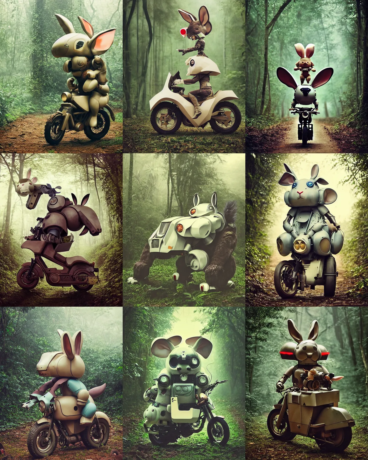 Prompt: attack pose !! giant oversized battle rabbit robot chubby mech baby as motorcycle with big ears and rabbit , on a jungle forest , full body , Cinematic focus, Polaroid photo, vintage , neutral dull colors, soft lights, foggy ,random weather, by oleg oprisco , by victor enrich