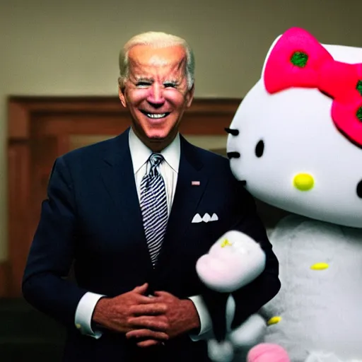 Image similar to joe biden as hello kitty, film still, cinematic lighting